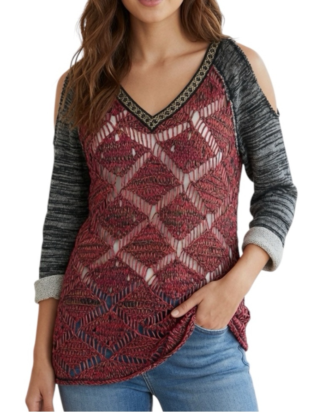 GIMMICKS BY BKE: Open Weave Knit Cold Shoulder Sweater -Size Small